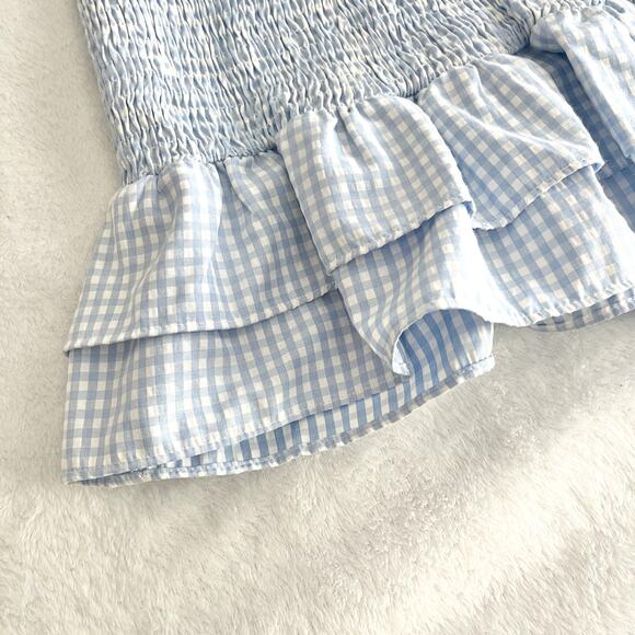 Mable Smocked Plaid Mini Dress S Blue Ruffled Cut-Out Tie Front Checker Coquette - Picture 5 of 9